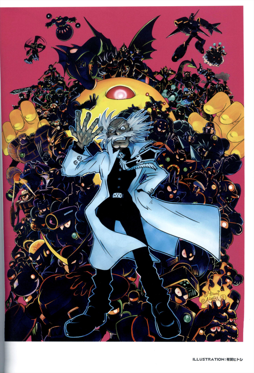 1boy 6+others absolutely_everyone absurdres air_man annotation_request aqua_man_(mega_man) ariga_hitoshi arm_cannon artist_name astro_man bald belt_buckle bubble_man buckle burst_man buttons capcom charge_man claw_(weapon) cloud cloud_man clown_man coat crash_man crystal_man dr._wily_(mega_man) dragon electricity everyone evil_grin evil_smile facial_hair fire flash_man flying freeze_man frost_man gem gemini_man glowing glowing_eyes gravity_man grenade_man grin gyro_man hand_in_pocket hard_man heat_man high_collar highres junk_man lab_coat long_sleeves looking_at_viewer magnet_man male_focus mega_man:_dr._wily&#039;s_revenge mega_man:_the_wily_wars mega_man_(classic) mega_man_(series) mega_man_1 mega_man_2 mega_man_3 mega_man_4 mega_man_5 mega_man_6 mega_man_7 mega_man_8 mega_man_iii mega_man_iv messy_hair met_(mega_man) metal_man multiple_others mustache napalm_man necktie needle_man old old_man open_clothes open_coat pants pink_background quick_man robot scan search_man shade_man shadow_man_(mega_man) shirt shoes short_hair signature simple_background skull skull_man slash_man smile smoke snake_man solo_focus spark_man spring_man standing star_man_(mega_man) stone_man sword sword_man tengu_man top_man turbo_man visor wave_man weapon white_hair wood_man yamato_man yellow_devil_(mega_man)