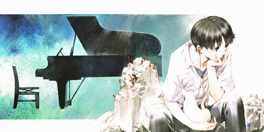1boy absurdres cat cleaned gainax headphones highres ikari_shinji instrument male_focus neon_genesis_evangelion official_art piano ruins sadamoto_yoshiyuki scan shirt sitting solo white_shirt