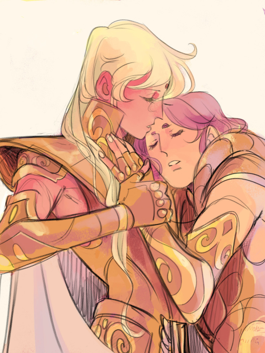 2boys ameliecausse androgynous aries_muu armor bindi blonde_hair cape closed_eyes facial_mark forehead_mark gold_armor gold_cloth gold_saint hand_on_another&#039;s_chest hand_on_another&#039;s_hand highres hikimayu long_hair male_focus multiple_boys parted_lips purple_hair saint_seiya u_u virgo_shaka white_cape yaoi
