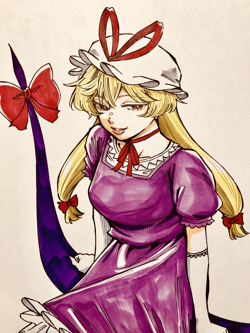 1girl absurdres blonde_hair breasts choker dress elbow_gloves frills gap_(touhou) gloves hair_between_eyes hair_ribbon hat highres long_hair looking_at_viewer medium_breasts mob_cap purple_dress purple_eyes ribbon ribbon_choker s590220 short_sleeves smile solo touhou traditional_media white_gloves yakumo_yukari