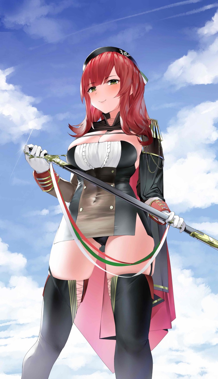 024th 1girl absurdres aiguillette azur_lane bad_id bad_pixiv_id beret black_hat black_panties blue_sky breasts cape cleavage dress epaulettes frills from_below gloves gluteal_fold hat highres holding holding_sword holding_weapon large_breasts long_hair microdress panties pantyshot red_cape red_hair sheath sheathed skin_tight skindentation sky solo strapless strapless_dress sword thighhighs underwear weapon white_gloves zara_(azur_lane)
