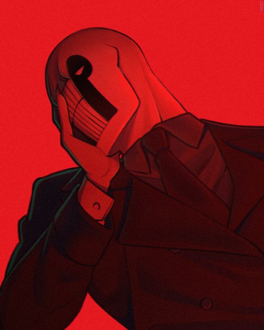 1boy arm_up buttoned_cuffs buttons collared_shirt commentary dedan_(off) dutch_angle formal_clothes half-closed_eyes hand_on_own_face hashtag-only_commentary head_rest highres jacket lapels layered_sleeves long_sleeves male_focus monster_boy necktie off_(game) red_theme shirt solo suit suit_jacket tanblaque teeth upper_body wing_collar