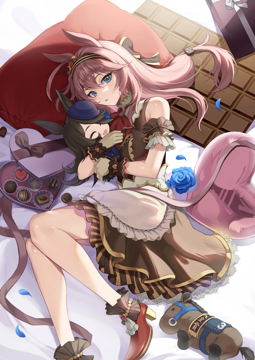absurdres ahoge animal_ears blue_eyes blue_flower blue_rose bow box box_of_chocolates breasts brown_dress brown_gloves brown_hair dress flower gloves hair_between_eyes hair_ornament hair_over_one_eye hairband heart-shaped_box high_heels highres horse_ears horse_girl horse_tail hugging_doll hugging_object long_hair long_sleeves looking_at_viewer lying medium_breasts mihono_bourbon_(code:glassage)_(umamusume) mihono_bourbon_(umamusume) mungmung pillow rice_shower_(racehorse) rice_shower_(umamusume) rose school_uniform shirt skirt smile stuffed_animal stuffed_horse stuffed_toy tail umamusume