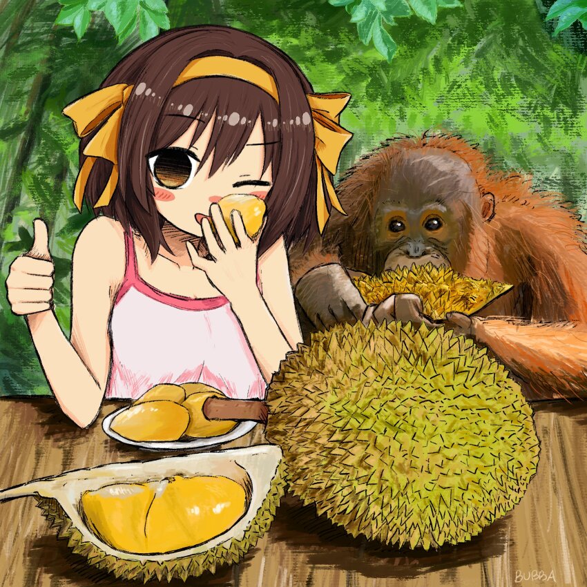 1girl animal blush breasts brown_eyes brown_hair bubbacterial durian eating food fruit hair_ribbon hairband highres holding holding_food leaf looking_at_viewer one_eye_closed open_mouth orange_hairband orange_ribbon orangutan pink_tank_top ribbon short_hair small_breasts solo suzumiya_haruhi suzumiya_haruhi_no_yuuutsu tank_top thumbs_up upper_body