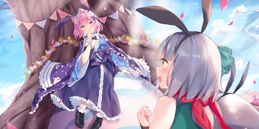 2girls adapted_costume alternate_costume animal_ear_hairband animal_ears black_hairband black_shoes blue_kimono blue_sky blush breasts cleavage closed_mouth cloud commentary day egg english_commentary fake_animal_ears floral_print frilled_kimono frills game_cg green_eyes grey_hair hairband hakama highres hitodama japanese_clothes kimono konpaku_youmu konpaku_youmu_(bunny_ninja_spirit) konpaku_youmu_(ghost) long_sleeves multiple_girls official_art open_mouth outdoors pink_eyes pink_hair rabbit_ears red_scarf saigyou_ayakashi saigyouji_yuyuko saigyouji_yuyuko_(bunny_ghost_hoping_for_resurrection) scarf shiino_sera shoes sitting sky smile sweatdrop third-party_source touhou touhou_lostword tree triangular_headpiece wide_sleeves