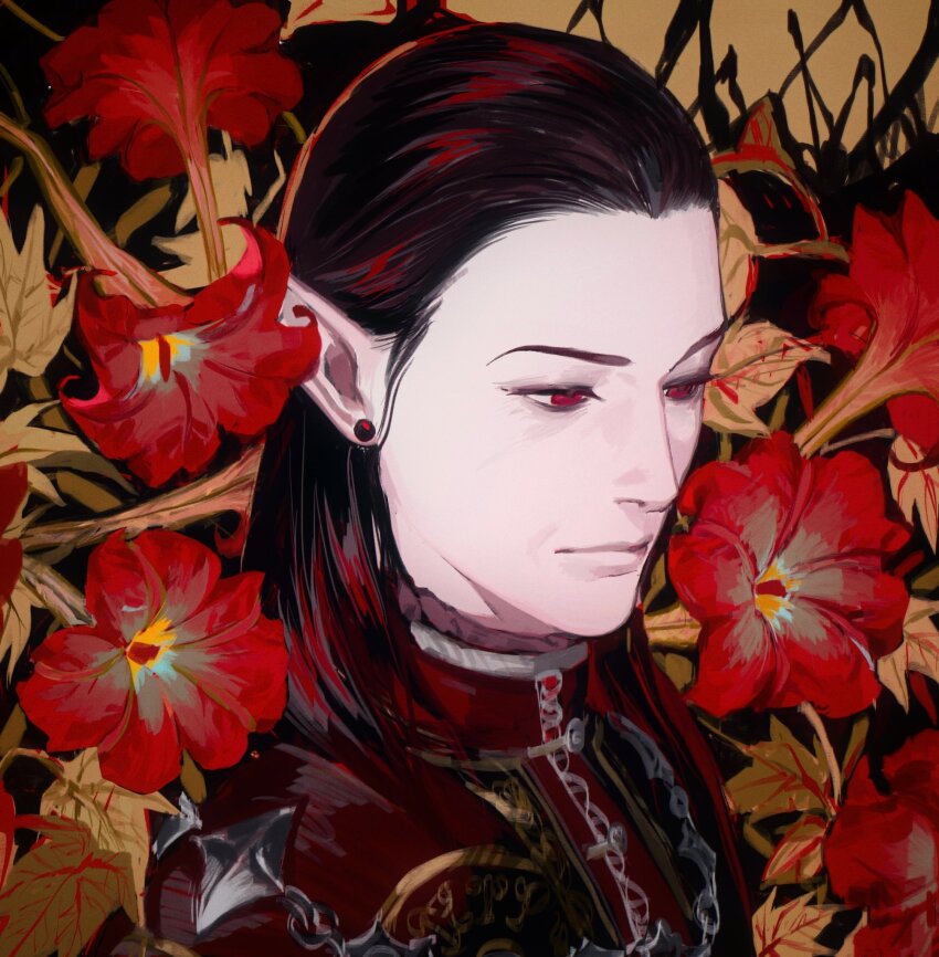 1boy baldur&#039;s_gate baldur&#039;s_gate_3 black_hair cazador_szarr dungeons_&amp;_dragons dungeons_&amp;_dragons earrings flower hair_slicked_back highres ichijo_(cyxxx123) jewelry lily_(flower) long_hair male_focus pale_skin pointy_ears portrait red_eyes solo