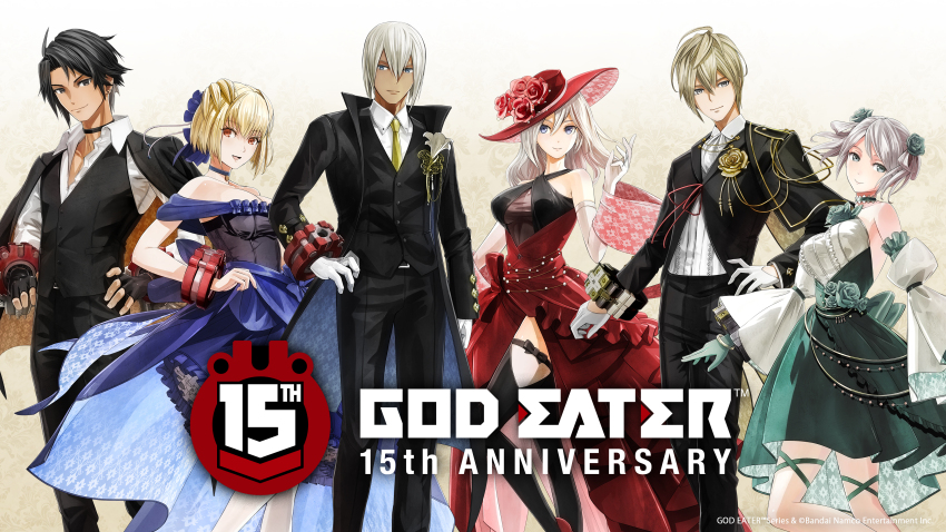 3boys 3girls absurdres alisa_ilinichina_amiella bare_shoulders black_hair blonde_hair blue_dress blue_eyes breasts ciel_alencon claire_victorious cleavage dark_skin dress formal_clothes god_eater god_eater_2:_rage_burst god_eater_3 green_dress hat highres hugo_pennywort julius_visconti large_breasts long_hair multiple_boys multiple_girls official_art red_dress red_eyes see-through_clothes soma_schicksal suit underboob white_hair