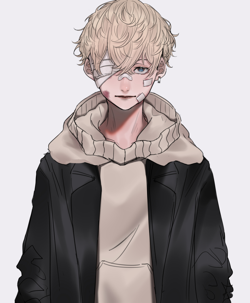 1boy absurdres bandage_over_one_eye bandaid bandaid_on_cheek bandaid_on_face bandaid_on_nose black_jacket blonde_hair blue_eyes brown_sweater bruise bruise_on_face closed_mouth crossed_bangs earrings grey_background hair_between_eyes highres injury jacket jewelry long_sleeves looking_at_viewer male_focus mano_aaa matsuno_chifuyu one_eye_covered open_clothes open_jacket short_hair simple_background single_earring solo straight-on sweater tokyo_revengers upper_body very_short_hair