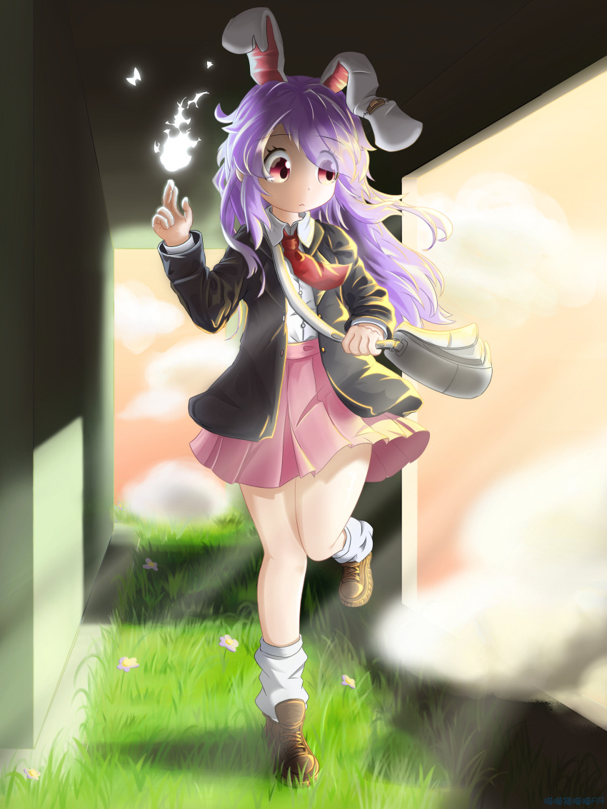 1girl absurdres animal_ears bag black_jacket blazer brown_shoes chinese_commentary closed_mouth cloud collared_shirt commentary_request cookie_(touhou) fire full_body grass grey_bag highres hisui_(cookie) holding holding_bag jacket loafers long_hair long_sleeves looking_to_the_side miao_miao_mao_miao_miao_fr necktie orange_sky pink_skirt pleated_skirt purple_hair rabbit_ears rabbit_girl red_eyes red_necktie reisen_udongein_inaba shirt shoes skirt sky socks solo surreal swept_bangs touhou walking white_fire white_shirt white_socks window