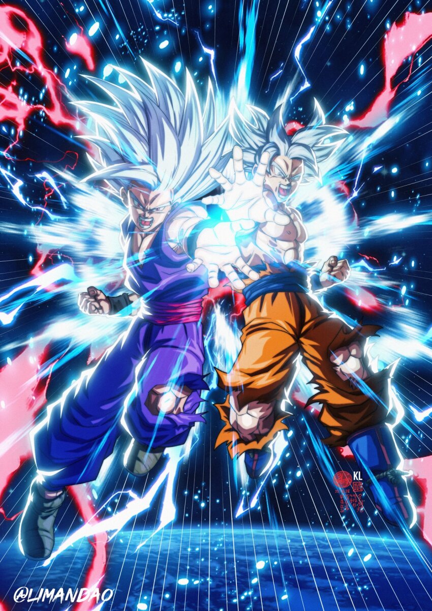 2boys aura blue_boots blue_sash boots clenched_hand dougi dragon_ball dragon_ball_super dragon_ball_super_super_hero electricity father-son_kamehameha father_and_son full_body gohan_beast grey_eyes grey_hair highres kamehameha_(dragon_ball) lightning limandao long_hair male_focus medium_hair multiple_boys muscular muscular_male open_mouth orange_pants pants purple_pants purple_shirt red_eyes red_sash sash serious shirt sleeveless sleeveless_shirt son_gohan son_goku spiked_hair teeth tongue topless_male torn_clothes torn_pants ultra_instinct