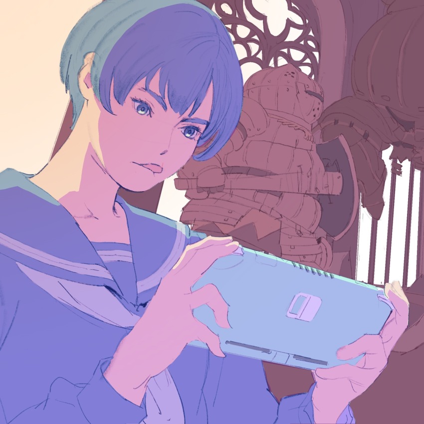 1girl 55bata6rou :q armor baseball_bat blue_eyes blue_hair blue_sailor_collar blue_shirt closed_mouth dark_souls_(series) full_armor handheld_game_console hands_up highres holding holding_handheld_game_console long_sleeves nail_(hardware) nail_bat neckerchief nintendo_switch_lite original sailor_collar school_uniform serafuku shirt short_hair solo tongue tongue_out upper_body window