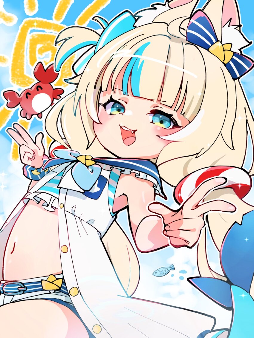 1girl ahoge animal_ear_fluff animal_ears bikini blonde_hair blue_bikini blue_bow blue_eyes blue_hair bow breasts cat_ears dress fins fish_girl fish_tail hair_bow highres indie_virtual_youtuber kaniki_(sameko_saba) lifebuoy_hair_ornament long_hair low_twintails makugiga multicolored_hair navel one_side_up open_mouth sameko_saba short_shorts shorts sleeveless sleeveless_dress small_breasts smile solo streaked_hair striped_bikini striped_clothes sun swimsuit tail twintails very_long_hair virtual_youtuber white_dress white_shorts