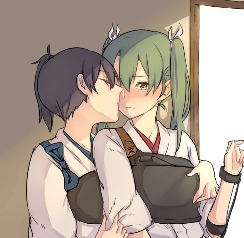10s 2girls brown_eyes brown_hair green_hair highres japanese_clothes kaga_(kancolle) kantai_collection kotori_(b-i-r-d) long_hair multiple_girls muneate side_ponytail twintails yuri zuikaku_(kancolle)