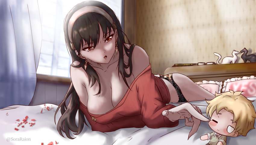 1girl bare_shoulders bed black_hair breasts cleavage hairband highres large_breasts long_hair lying on_stomach open_mouth panties red_eyes red_shirt shirt sky sora_raion spy_x_family twilight_(spy_x_family) underwear window yor_briar yoru_(otokuyou) yoru_(valorant)