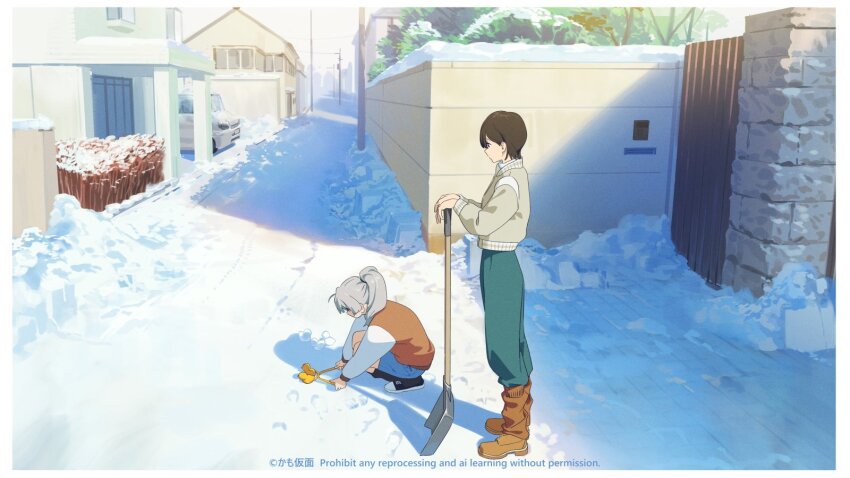 2girls artist_name black_footwear blue_shorts boots border brown_footwear brown_hair car commentary full_body green_pants highres jacket japan k_(kamo_kamen) kamo_kamen letterman_jacket long_hair m_(kamo_kamen) motor_vehicle multiple_girls original pants ponytail road short_hair shorts shovel sidelocks snow snow_shovel squatting standing street sunlight white_border