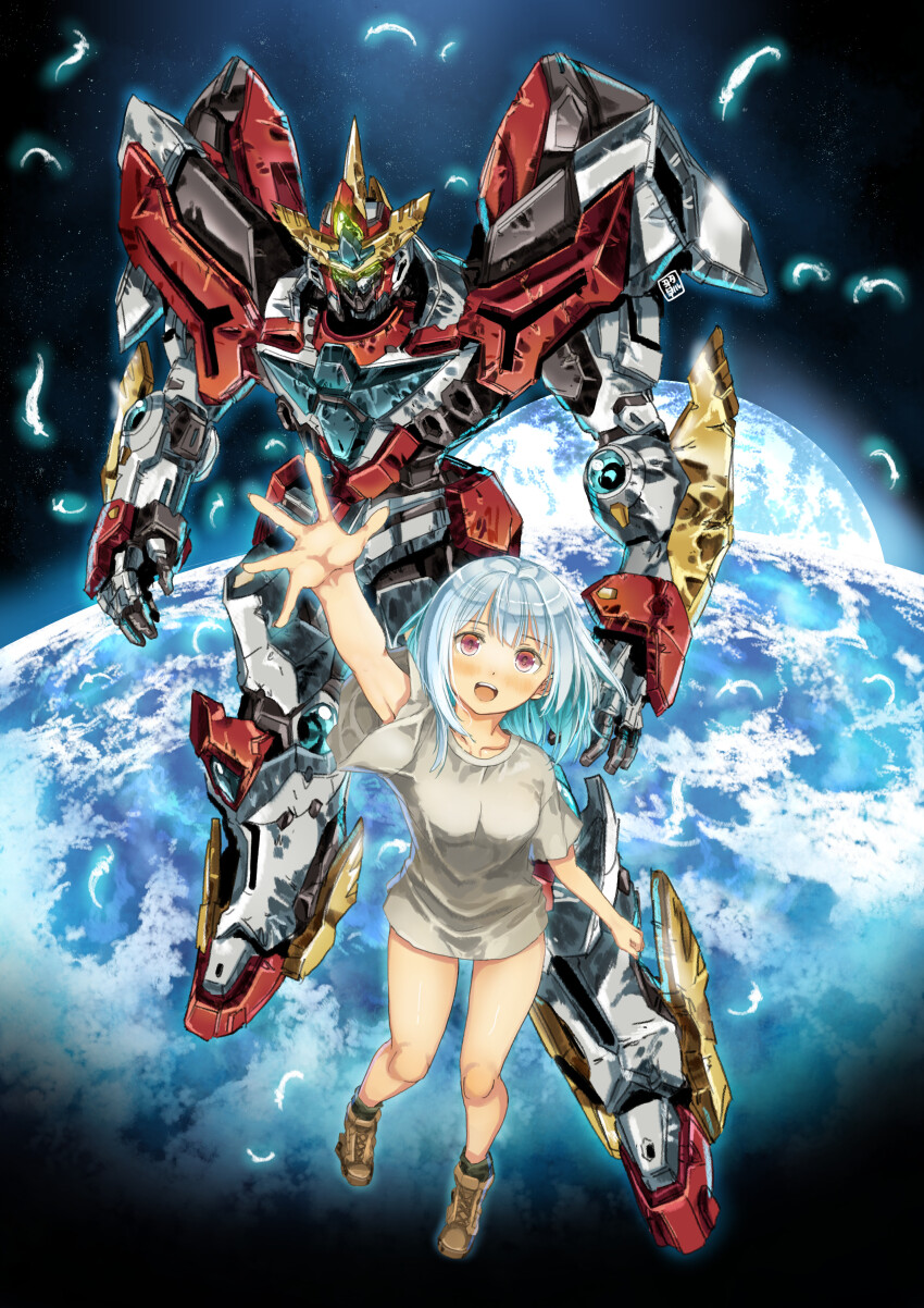 1girl absurdres blue_hair boots bottomless bravern breasts brown_eyes brown_footwear collarbone colored_inner_hair earth_(planet) feathers garimpeiro glowing glowing_eyes green_eyes grey_hair head_tilt highres lulu_(bang_bravern) mecha medium_breasts multicolored_hair open_hand open_hands open_mouth planet robot science_fiction smile space yuuki_bakuhatsu_bang_bravern