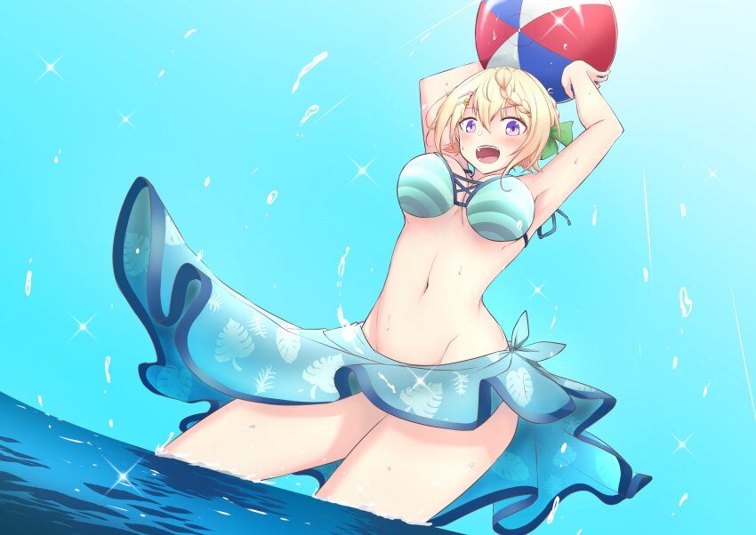 1girl absurdres ball beachball bikini blonde_hair braid braided_bangs braided_bun breasts cleavage green_bikini green_ribbon green_sarong hair_bun highres kantai_collection leaf_print long_hair medium_breasts official_alternate_costume perth_(kancolle) perth_(swimsuit)_(kancolle) purple_eyes ribbon sarong solo striped_bikini striped_clothes swimsuit tiger_(tiger-kimu) wading water