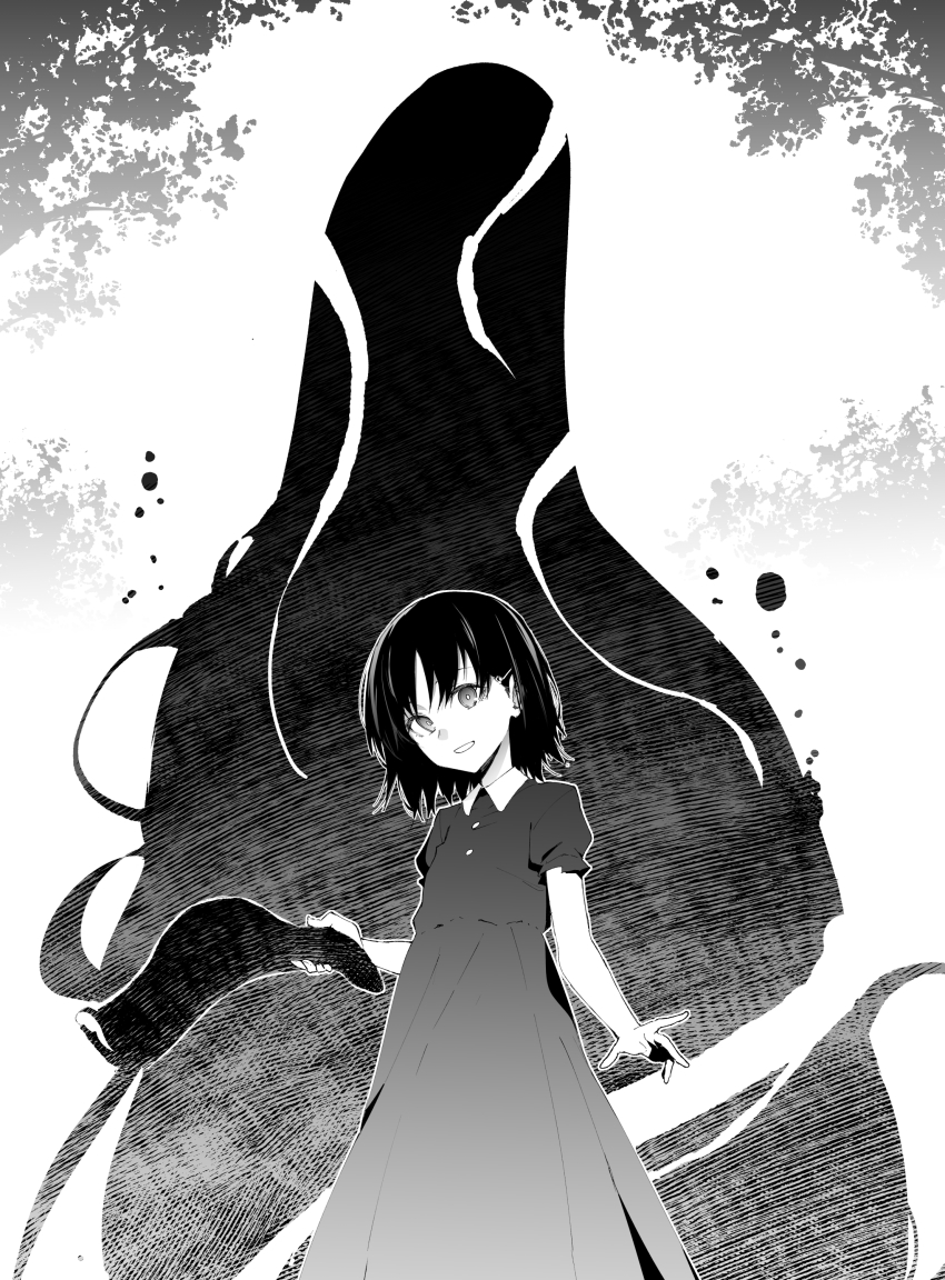 1girl 1other absurdres darkness dress fate/strange_fake fate_(series) greyscale hair_ornament hairclip highres kuruoka_tsubaki monochrome pale_rider_(fate) smile tentacles tsukamoto_minori