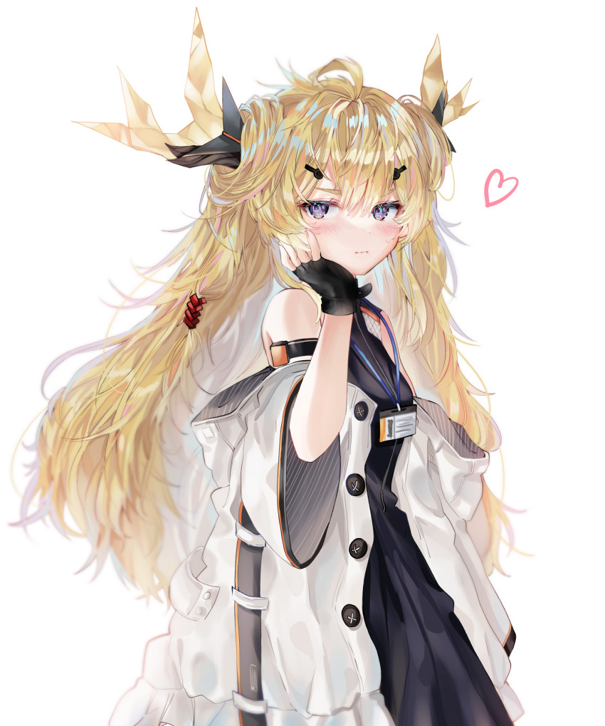 1girl 414_(hncx3355) ahoge arknights bare_shoulders black_dress black_gloves blonde_hair blush coat dress fingerless_gloves gloves hand_on_own_cheek hand_on_own_face heart highres horns id_card korean_commentary leizi_(arknights) long_hair looking_at_viewer off_shoulder purple_eyes simple_background solo upper_body very_long_hair white_background white_coat