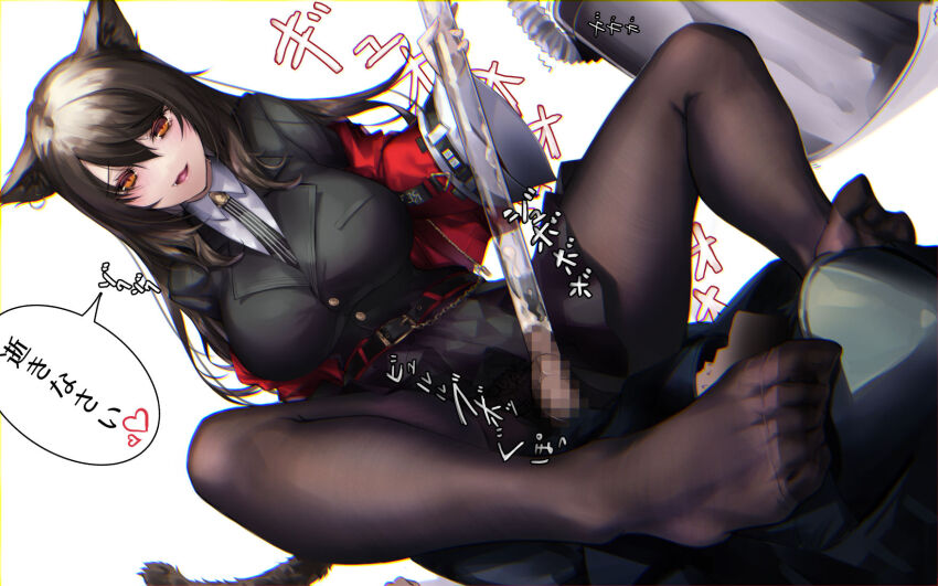 animal_ears arknights belt black_necktie black_pantyhose breasts brown_hair cat_ears cat_girl cat_tail censored eichi_(yashokuya) feet_on_another&#039;s_face femdom highres jacket large_breasts mosaic_censoring necktie open_mouth pantyhose pencil_skirt pleated_skirt red_jacket skirt skyfire_(arknights) slit_pupils tail thick_thighs thighs vacuum_cleaner white_background
