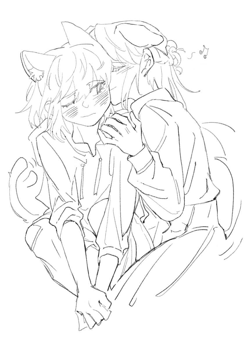 2girls absurdres animal_ears beamed_eighth_notes blush braid cat_ears cat_girl cat_tail chinese_commentary closed_eyes closed_mouth commentary_request commission dog_ears dog_girl dog_tail greyscale half_up_braid hand_on_another&#039;s_shoulder highres hood hoodie kemonomimi_mode kiss kissing_cheek lanserongjie miyagi_shiori monochrome multiple_girls musical_note one_eye_closed second-party_source sendai_hazuki shuuniichido_classmate_wo_kau_hanashi smile tail yuri