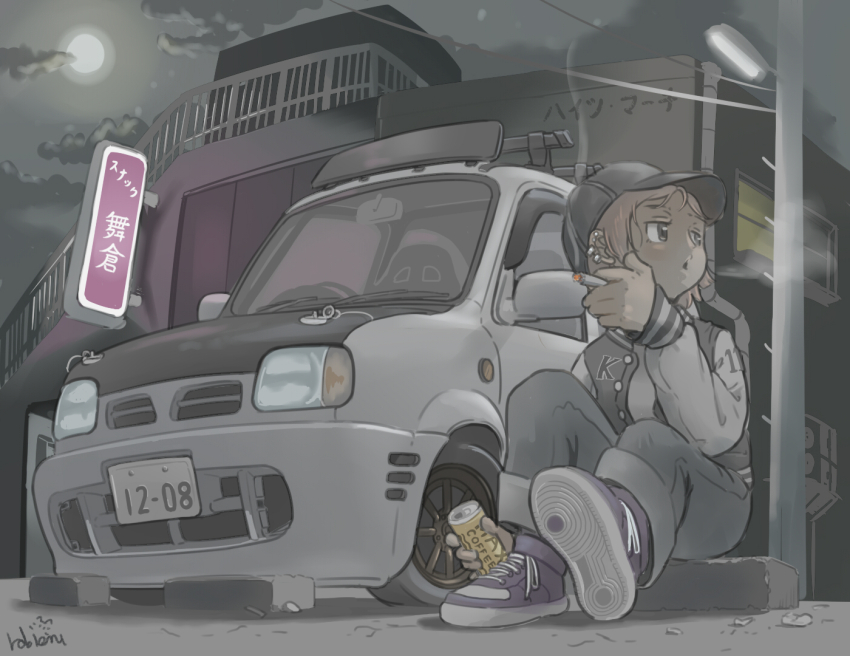 1girl artist_name baseball_cap black_eyes black_hat black_jacket black_shoes brown_hair can canned_coffee car chibi cigarette cloud drink_can ear_piercing hat holding holding_can holding_cigarette jacket letterman_jacket looking_to_the_side moon motor_vehicle night night_sky nissan nissan_micra open_mouth original piercing rabienu shoes short_hair sky slice_of_life smoking sneakers solo vehicle_focus white_sleeves