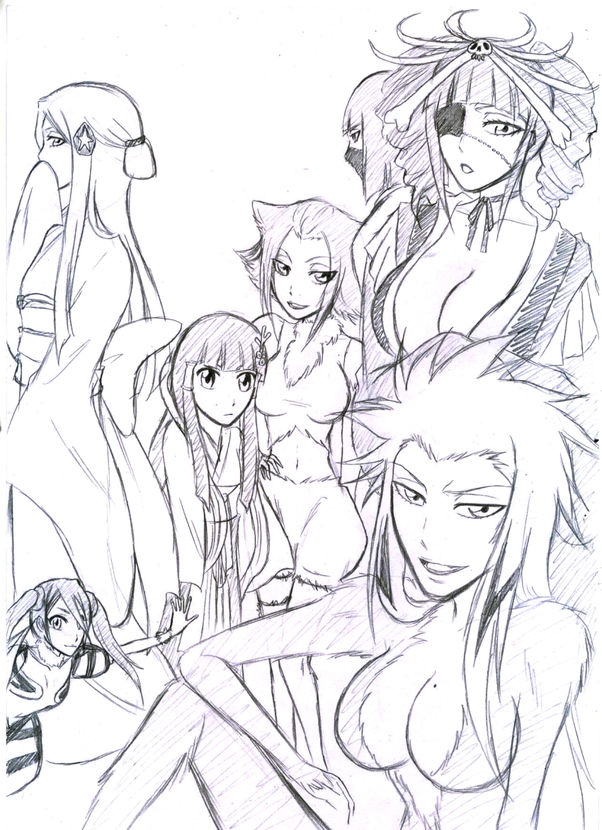 bleach bleach:_zanpakutou_ibun_hen eyepatch haineko haruka_(the_end_is_far) highres katen_kyoukotsu monochrome ninja sketch smile smirk sode_no_shirayuki suzumebachi tobiume zabimaru zanpakutou_(spirit)