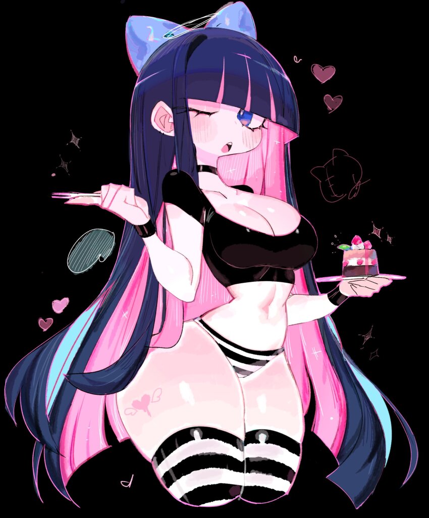 1girl black_background black_choker blue_eyes blue_hair blunt_bangs bow breasts cake cake_slice choker cleavage colored_inner_hair food hair_bow highres honekoneko_(psg) large_breasts leg_tattoo long_hair looking_at_viewer multicolored_hair one_eye_closed open_mouth outline panties panty_&amp;_stocking_with_garterbelt pink_hair red_outline simple_background smile solo standing stocking_(psg) striped_clothes striped_leggings striped_panties striped_thighhighs stuffed_animal stuffed_cat stuffed_toy tattoo thick_thighs thighhighs thighs two-tone_hair underwear usa37107692 very_long_hair