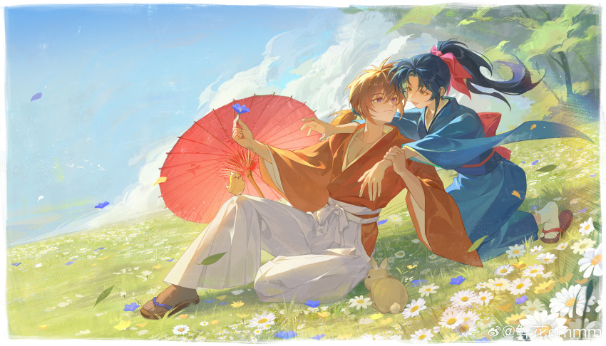 1boy 1girl absurdres bird bird_on_knee black_socks blue_eyes blue_flower blue_hair blue_kimono blue_sky bow brown_hair cloud commission daisy day eye_contact face-to-face falling_petals flower full_body geta grabbing_another&#039;s_arm hair_bow hakama hakama_pants hand_on_another&#039;s_shoulder hand_up hetero highres himura_kenshin holding holding_another&#039;s_wrist holding_flower japanese_clothes kamiya_kaoru kimono kneeling long_hair long_sleeves looking_at_another low_ponytail obi obijime oil-paper_umbrella on_grass orange_kimono pants petals pink_bow ponytail rabbit red_umbrella rurouni_kenshin sash sitting sky socks tabi tree turning_head umbrella watermark weibo_watermark white_flower white_hakama white_socks wide_sleeves xianhua_emmm