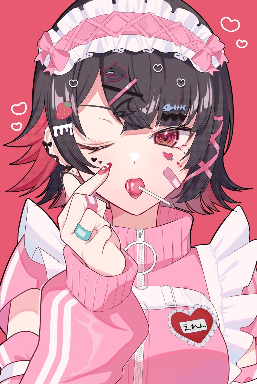 1girl absurdres armband arrow_through_heart bandaid bandaid_on_face bandaid_on_finger bandaid_on_hand black_hair bow candy chest_belt colored_inner_hair detached_sleeves ear_piercing earrings ellen_joe finger_heart food hair_ornament hairclip hairpin headband heart heart_print highres jacket jewelry lapel_pin lollipop lollipop_in_mouth looking_at_viewer maid maid_headdress mole mole_under_eye multicolored_hair multiple_hair_clips multiple_hairpins nail_polish one_eye_closed open_mouth piercing pink_bow pink_headband pink_jacket pink_sleeves puffy_sleeves red_background red_eyes red_nails ruaruayana shark_girl short_hair solo upper_body zenless_zone_zero