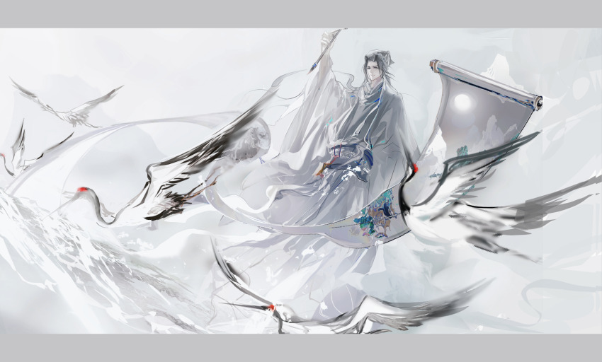 1boy absurdres arm_up bird black_hair calligraphy_brush chinese_clothes chinese_commentary closed_mouth crane_(animal) dao_gui_yi_xian faux_traditional_media flower full_body guikong560 hanfu hanging_scroll hat hat_ribbon highres holding holding_calligraphy_brush holding_paintbrush ink_wash_painting jewelry jin_(headwear) letterboxed long_sleeves looking_at_viewer male_focus paintbrush painting_(action) ribbon robe scroll short_hair smile solo water waves white_hanfu white_hat wide_sleeves zhouzi_jin_(headwear) zhuge_yuan