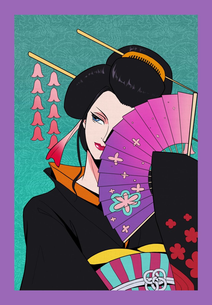 1girl black_hair blue_eyes border closed_mouth eyelashes geisha hair_ornament hand_fan hashtag-only_commentary highres holding holding_fan kanzashi looking_to_the_side miuny nico_robin obi one_piece purple_border red_lips sash solo upper_body wide_sleeves