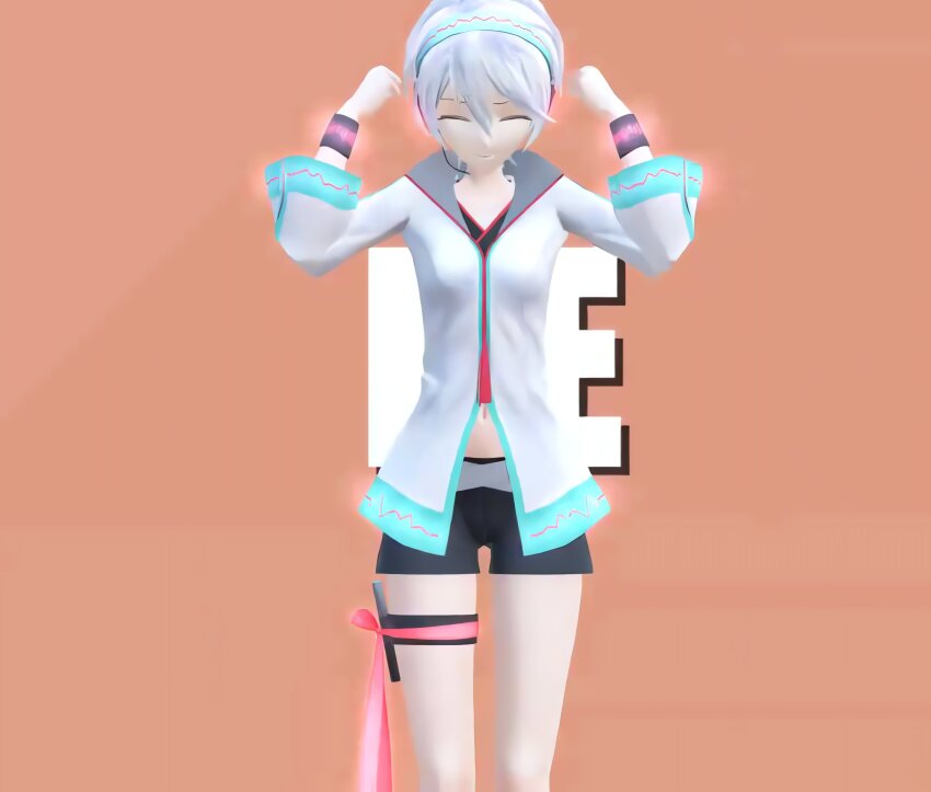 1girl 3d absurdres belt black_shorts blue_eyes boots hair_between_eyes hand_up headset highres jacket leg_ribbon long_sleeves red_ribbon ribbon short_hair short_shorts shorts simple_background solo standing vocaloid vsinger_(vocaloid) white_jacket wristband yanhe yanhe_v3