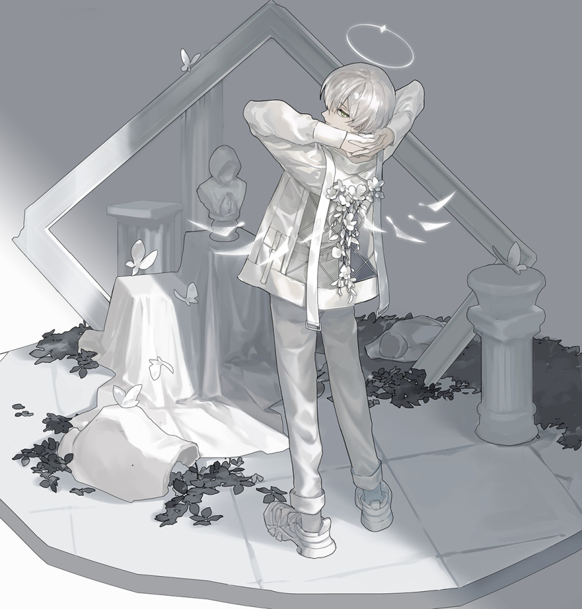 1boy alternate_color arene_(arknights) arknights arms_behind_head broken_vase bug butterfly chinese_commentary commentary_request flower halo highres insect jacket looking_back male_focus mizukai pants picture_frame pillar see-through_clothes see-through_jacket shadow shirt solo statue thighhighs white_background white_butterfly white_eyes white_flower white_hair white_jacket white_pants white_shirt white_sneakers white_theme wings