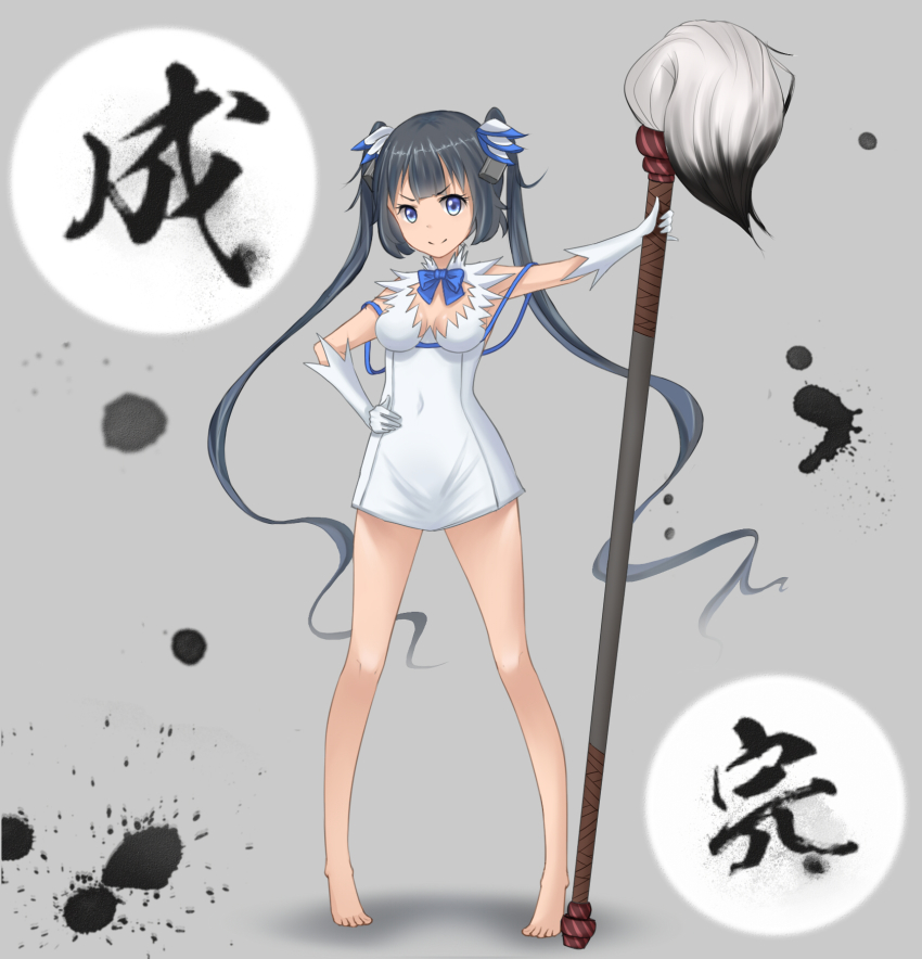 10s 1girl bad_id bad_pixiv_id barefoot black_hair blue_eyes blue_ribbon calligraphy_brush cleavage_cutout clothing_cutout dres dress dungeon_ni_deai_wo_motomeru_no_wa_machigatteiru_darou_ka female_focus fight. hestia_(danmachi) highres long_hair paintbrush rei_no_himo ribbon simple_background smile solo standing twintails