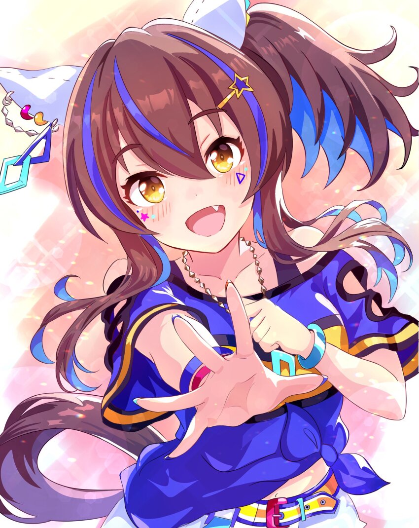 1girl animal_ears arm_up belt blue_hair blue_nails blue_shirt blush bracelet breasts brown_hair clothing_cutout commentary_request cowboy_shot daitaku_helios_(umamusume) denim denim_shorts ear_covers ear_ornament facial_tattoo hair_between_eyes hair_ornament hairclip highres horse_ears horse_girl horse_tail jewelry kanon_(user_rrhr4244) long_hair looking_at_viewer medium_breasts multicolored_hair navel necklace open_mouth shirt short_shorts short_sleeves shorts shoulder_cutout sidelocks smile solo standing streaked_hair sweat tail tattoo tied_shirt two-tone_hair umamusume wristband yellow_belt yellow_eyes