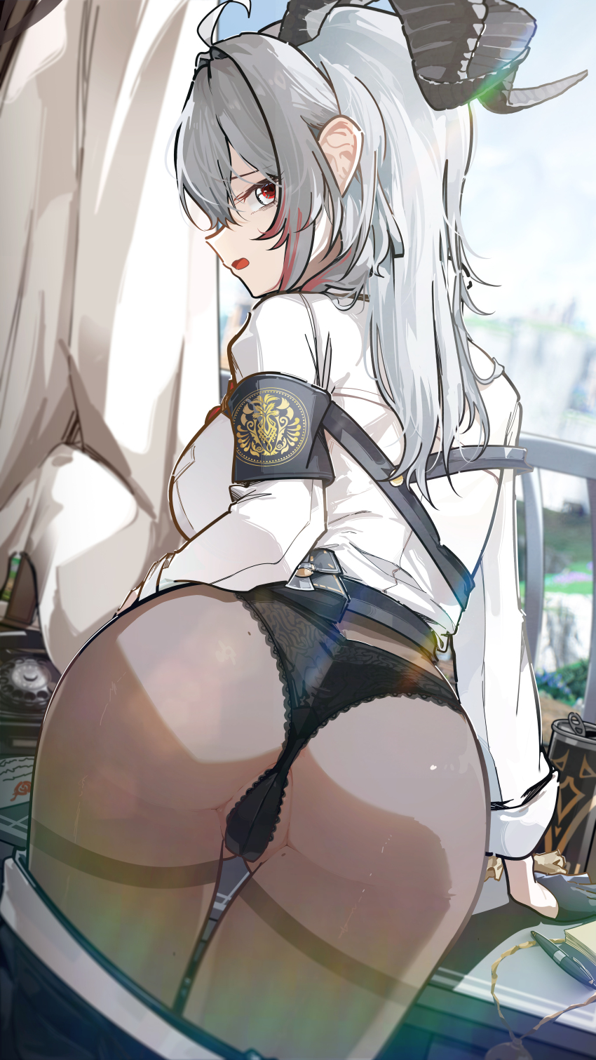 1girl absurdres ahoge armband ass black_armband black_horns black_panties black_pants breasts can clothes_pull commentary cowboy_shot curled_horns drink_can english_commentary from_behind grey_hair highres horns indoors large_breasts long_hair looking_at_viewer looking_back multicolored_hair open_mouth panties pants pants_pull pantyhose partially_visible_vulva pen red_eyes ryeon_(naturesan) shirt solo streaked_hair thighband_pantyhose underwear white_shirt wuthering_waves zani_(wuthering_waves)