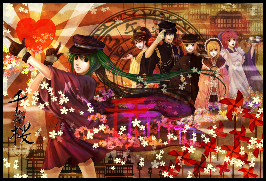 2boys 4girls black_eyes blonde_hair blue_hair brown_hair eyepatch flower gloves green_hair hat hatsune_miku heart highres holding kagamine_len kagamine_len_(ni_no_sakura_senbu) kagamine_rin kagamine_rin_(ni_no_sakura_kouchou) kaito_(rei_no_sakura_sousetsu)_(vocaloid) kaito_(vocaloid) kiseru long_hair megurine_luka megurine_luka_(san_no_sakura_fuuka) meiko_(rei_no_sakura_benitsubaki)_(vocaloid) meiko_(vocaloid) mooncat1203 multiple_boys multiple_girls open_mouth pink_hair pinwheel senbon-zakura_(vocaloid) short_hair smoking_pipe torii tray twintails vocaloid