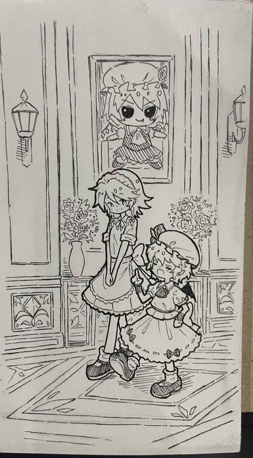 2girls absurdres apron ascot bat_wings braid closed_eyes closed_mouth collared_shirt commentary_request flandre_scarlet fumo_(doll) greyscale hat hat_ribbon highres index_finger_raised indoors izayoi_sakuya maid maid_headdress mob_cap monochrome multiple_girls open_mouth own_hands_together painting_(object) photo_(medium) puffy_short_sleeves puffy_sleeves remilia_scarlet ribbon shirt shoes short_sleeves skirt smile socks split_mouth suteruko touhou traditional_media twin_braids waist_apron walking wings