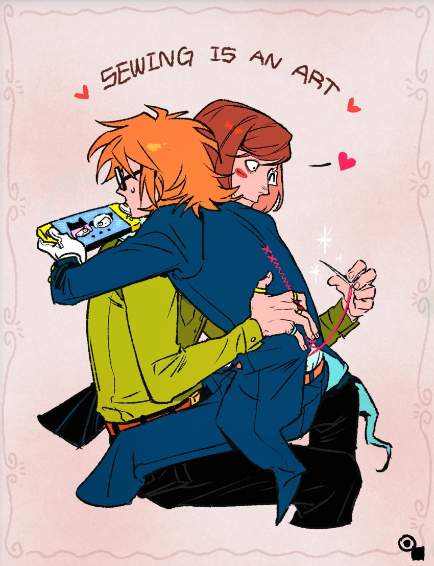 2boys blue_coat brothers brown_hair coat coattails cropped_legs english_text extra_eyes glasses green_shirt handheld_game_console heart heizuo955 highres invisible_chair jewelry luther_von_ivory male_focus multiple_boys multiple_rings needle nintendo_switch nyen_(randal&#039;s_friends) nyon_(randal&#039;s_friends) orange_hair pink_background randal&#039;s_friends randal_ivory ring sewing shirt short_hair siblings sitting sitting_on_lap sitting_on_person spoken_heart taped_note