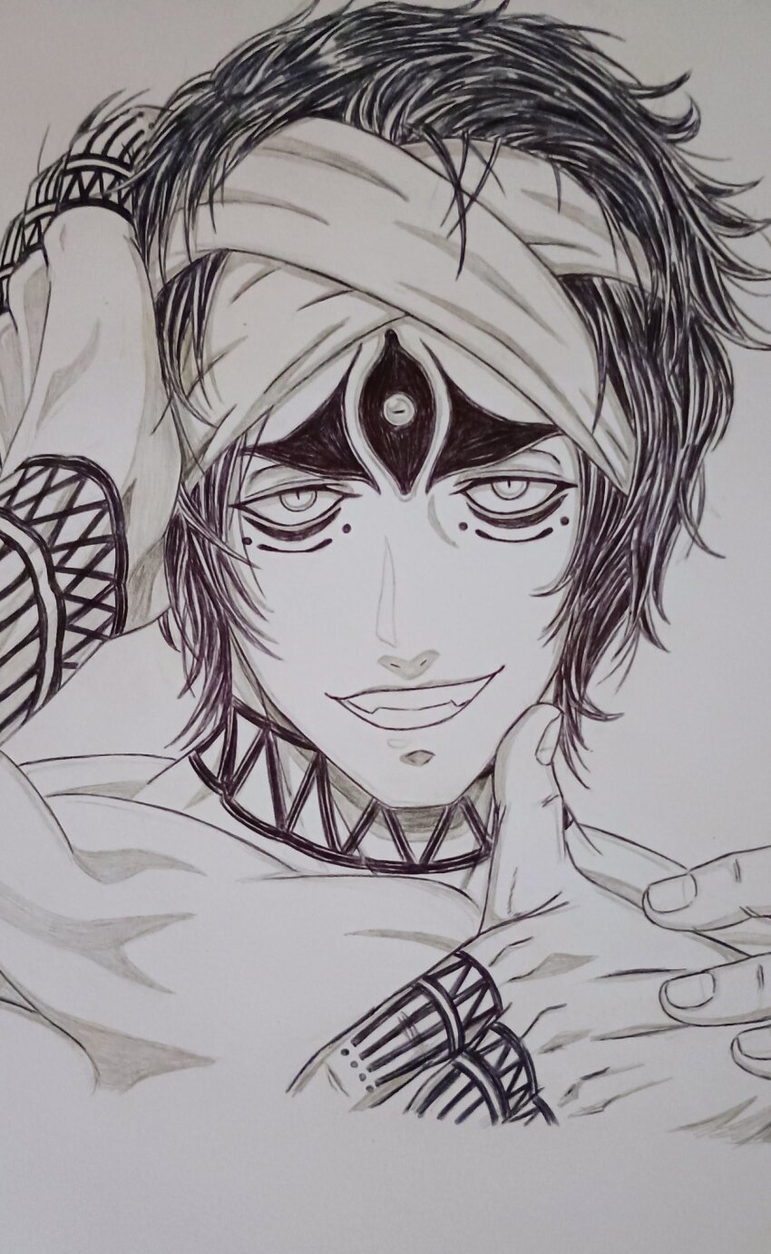 1boy arm_tattoo bandana close-up cropped_torso extra_arms extra_eyes facing_viewer finger_on_cheek finger_tattoo greyscale grin hand_on_own_head hands_up highres looking_at_viewer male_focus monochrome multiple_eyes muscular muscular_male shirtless_male shiva_(shuumatsu_no_valkyrie) short_hair shuumatsu_no_valkyrie smile smug solo tattoo teeth thick_eyebrows third_eye toned toned_male topless_male upper_body wrist_tattoo
