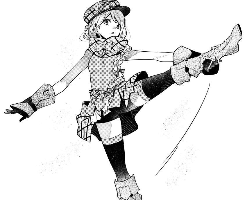 1girl absurdres black_gloves black_shorts boots braid fire_emblem fire_emblem_engage framme_(fire_emblem) gloves greyscale hat high_kick highres illust_mi kicking long_hair monochrome nintendo plaid ribbon scarf shorts shorts_under_skirt single_braid solo thighhighs white_background