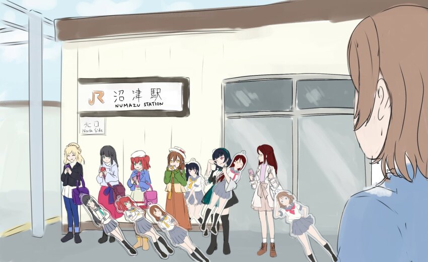 6+girls april_fools aqua_eyes aqua_neckerchief black_boots black_hair black_jacket blonde_hair blue_jacket blue_pants blunt_bangs boots bow bowtie braid breasts brown_dress brown_hair brown_skirt cardigan cellphone character_charm charm_(object) coat commentary crown_braid dress elbow_carry flower green_jacket grey_sailor_collar grey_skirt hair_flower hair_ornament hair_petal hair_rings hairclip hat highres hinahina_(hina25252) holding holding_phone hop?_stop?_nonstop! jacket kunikida_hanamaru kurosawa_dia kurosawa_ruby leather leather_jacket long_dress long_hair long_sleeves love_live! love_live!_sunshine!! love_live!_sunshine!!_the_school_idol_movie_over_the_rainbow low_twintails medium_breasts medium_hair miniskirt mole mole_under_mouth multiple_girls neckerchief numazu ohara_mari open_clothes open_coat open_jacket orange_bow orange_bowtie outdoors pants phone pink_shirt pleated_skirt purple_bag real_world_location red_bow red_bowtie red_hair red_neckerchief sailor_collar sakurauchi_riko school_uniform shirt short_hair single_hair_ring skirt smartphone standing sweater symbol-only_commentary tsushima_yoshiko turtleneck turtleneck_sweater twintails two_side_up uranohoshi_school_uniform watanabe_you white_coat white_hat white_jacket white_shirt white_sweater winter_uniform yellow_cardigan