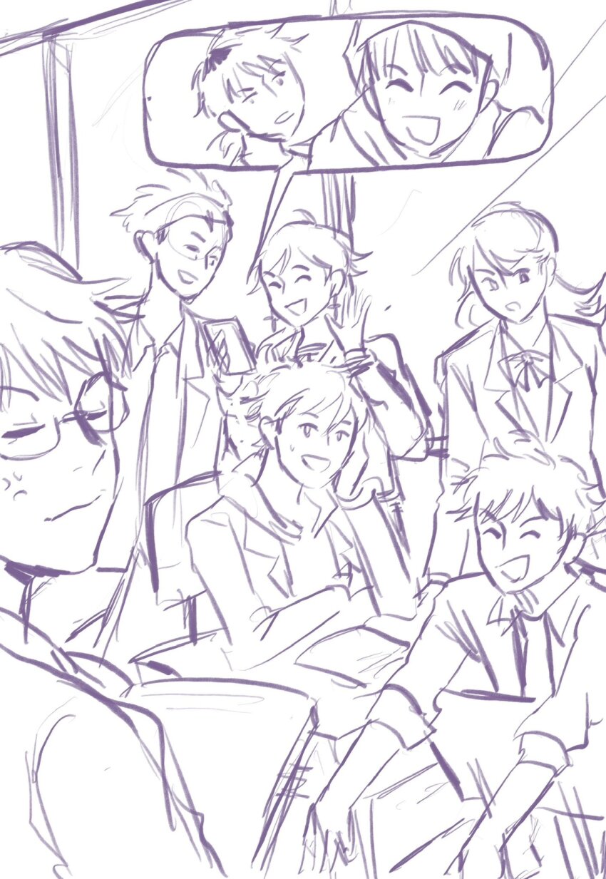 bandana digimon digimon_survive glasses hat highres hinata_minoru kayama_shuuji kimishima_saki looking_at_viewer momotsuka_takuma shibuya_aoi shinonome_kaito shinonome_miu smile tominaga_ryo