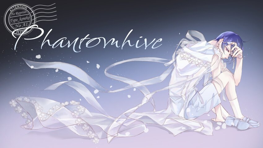 1boy ciel_phantomhive earrings falling_petals full_body hand_on_own_forehead hand_up highres jewelry knees_up kuroshitsuji lace looking_at_viewer petals purple_eyes purple_hair ribbon sandals shirt short_hair shorts sitting slouching solo stud_earrings typo_koneko white_ribbon white_shirt white_shorts