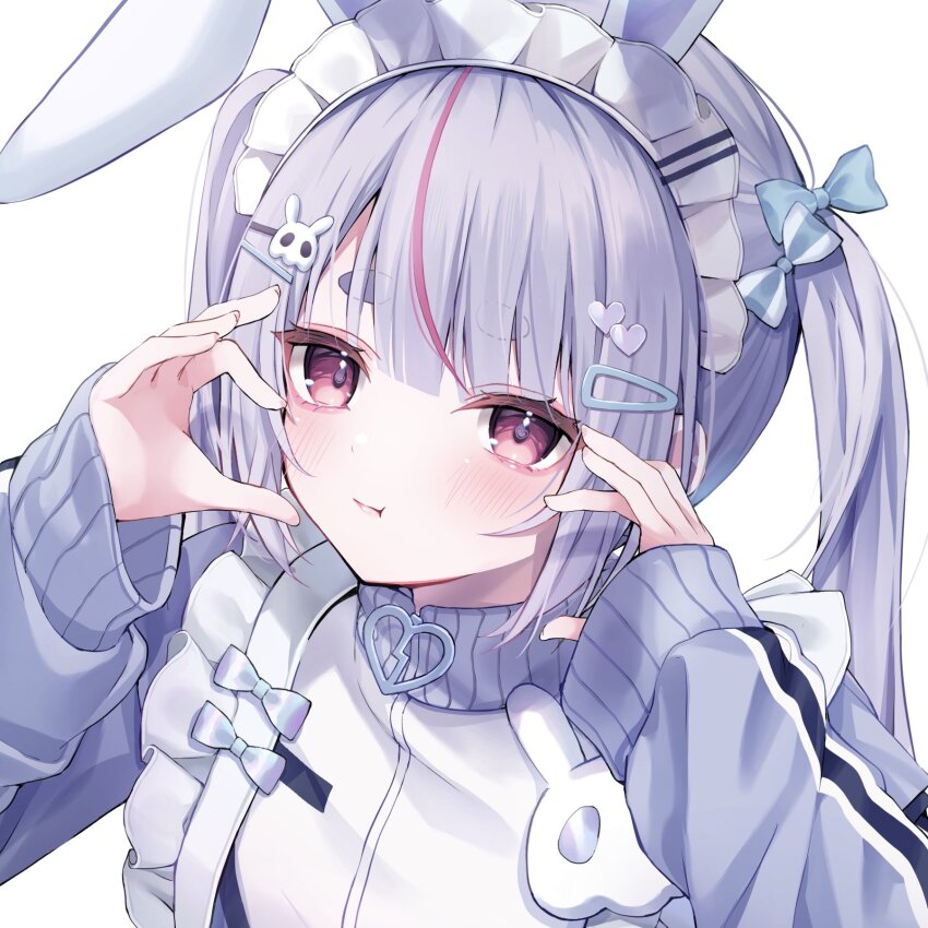 1girl four-finger_heart_hands animal_ears apron blue_bow blue_jacket bow closed_mouth fake_animal_ears frilled_apron frills hair_bow hair_ornament hairclip hands_up heart heart_hair_ornament heart_hands highres jacket jersey_maid long_hair long_sleeves looking_at_viewer maid maid_apron maid_headdress multicolored_hair official_alternate_costume ookamiuo_241sa pink_eyes pink_hair pink_streaks puffy_long_sleeves puffy_sleeves purple_hair rabbit_ears short_eyebrows simple_background skull_hair_ornament sleeves_past_wrists solo straight_hair streaked_hair striped_bow tosaki_mimi tosaki_mimi_(4th_costume) track_jacket twintails two-tone_hair unconventional_maid upper_body virtual_youtuber vspo! white_apron white_background white_bow white_headdress