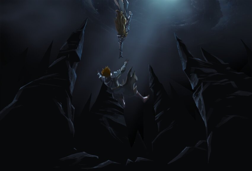 1boy 1girl armor artist_request blonde_hair blue_dress brown_hair commentary commentary_request dark dress english_commentary falling frey_(king&#039;s_raid) highres kasel_(king&#039;s_raid) king&#039;s_raid korean_commentary mixed-language_commentary official_art outstretched_arm second-party_source stalagmite