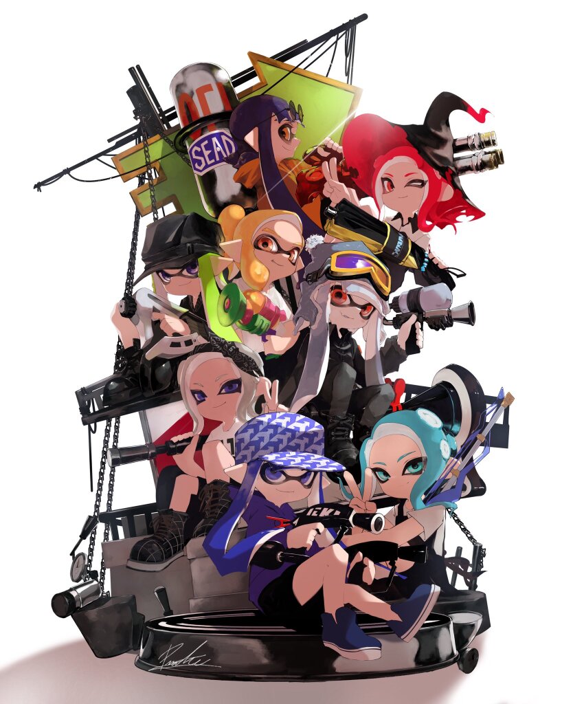 1boy 6+girls ankle_boots apron bandana baseball_cap beanie black_apron black_bandana black_footwear black_hat black_jacket black_pants black_shorts blonde_hair blue_eyes blue_footwear blue_hair blue_hat boots cabbie_hat closed_mouth collared_shirt commentary_request dapple_dualies_(splatoon) dynamo_roller_(splatoon) eyewear_on_head fang goggles goggles_on_headwear green_hair grey_hair grin hat hero_brella_(splatoon) highres holding holding_weapon hood hood_down hoodie hydra_splatling_(splatoon) inkling inkling_boy inkling_girl inkling_player_character jacket long_hair looking_at_viewer medium_hair mhxbump multiple_girls nintendo octo_shot_(splatoon) octoling octoling_girl octoling_player_character one_eye_closed open_mouth orange_eyes orange_hoodie pants parted_bangs pointy_ears pom_pom_(clothes) pom_pom_beanie purple_eyes purple_hair purple_hoodie red_eyes red_hair shirt shorts simple_background sitting smile splat_dualies_(splatoon) splatoon_(series) splatoon_2 splattershot_(splatoon) squiffer_(splatoon) sunglasses t-shirt tentacle_hair torn_clothes torn_hat v weapon white_background white_shirt witch_hat