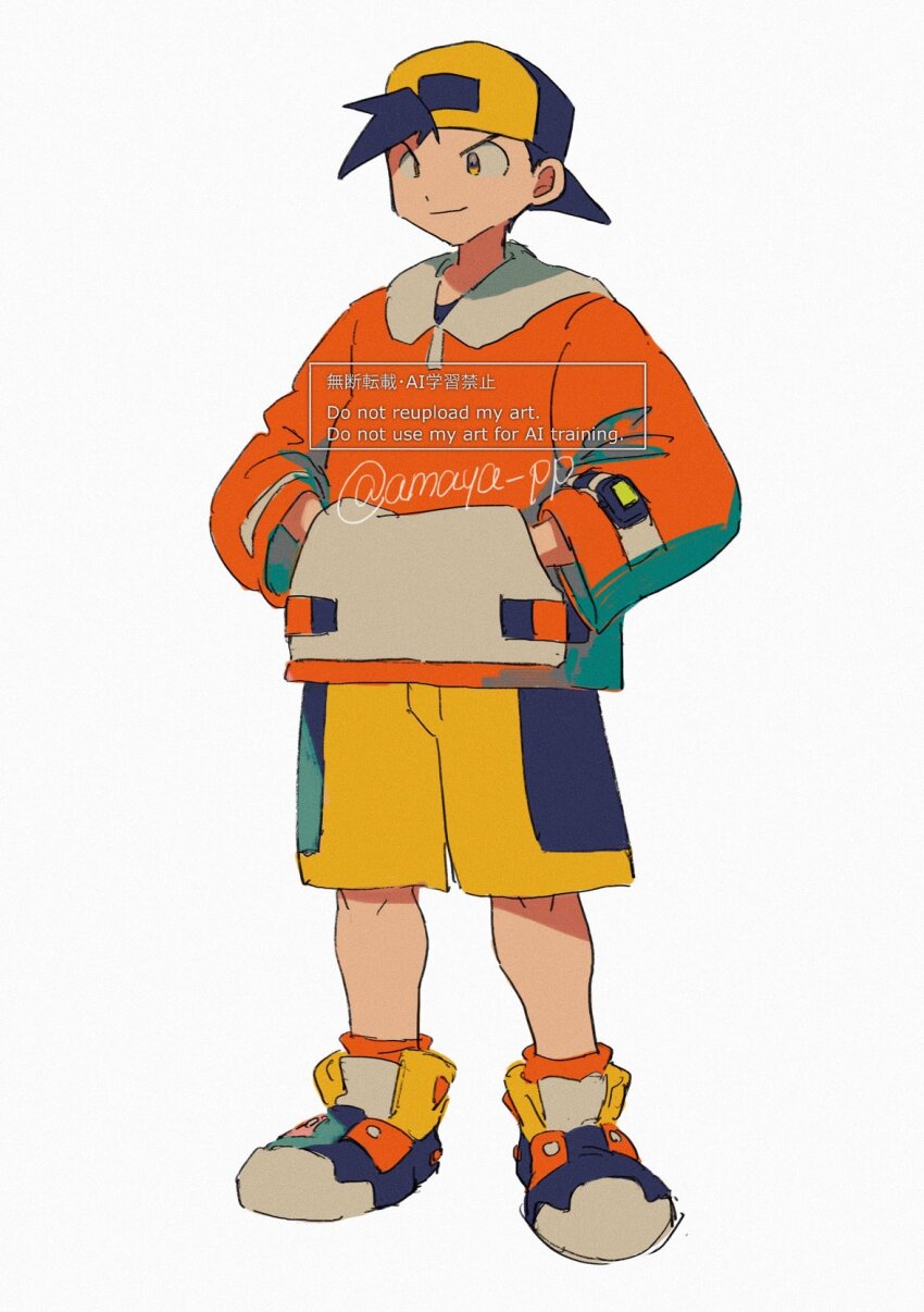 1boy amaya_uw backwards_hat black_hair closed_mouth ethan_(pokemon) full_body hands_in_pockets hat highres jacket knees long_sleeves male_focus nintendo orange_socks pokemon pokemon_gsc shoes short_hair shorts smile socks solo standing twitter_username watermark white_background yellow_eyes yellow_shorts