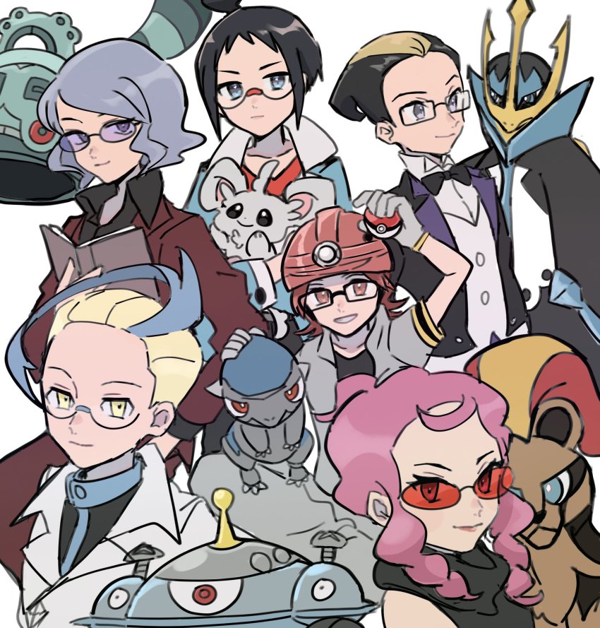 1girl 5boys black_bow black_hair black_neckwear black_shirt blonde_hair blue_eyes blue_hair bow bowtie bronzong cheren_(pokemon) closed_mouth collared_shirt colress_(pokemon) commentary_request cranidos darach_(pokemon) empoleon eneko_(olavcnkrpucl16a) eyelashes gen_4_pokemon gen_5_pokemon gen_6_pokemon glasses grey_hair helmet highres holding holding_poke_ball holding_pokemon jacket lab_coat lucian_(pokemon) magnezone malva_(pokemon) minccino multicolored_hair multiple_boys nintendo pants pink_hair poke_ball poke_ball_(basic) pokemon pokemon_(creature) pokemon_bw2 pokemon_dppt pokemon_platinum pokemon_xy pyroar pyroar_(female) roark_(pokemon) shirt short_hair smile sunglasses tinted_eyewear two-tone_hair white_shirt yellow_eyes